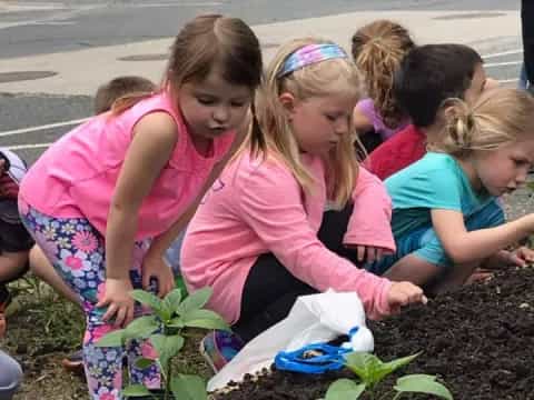 a group of children planting plants