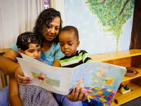 a person reading a book to a couple of children