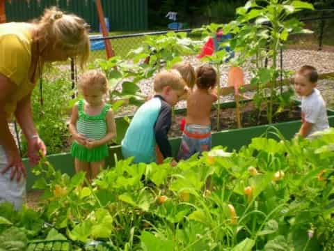 a group of children in a garden