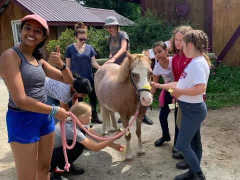 a group of people petting a horse