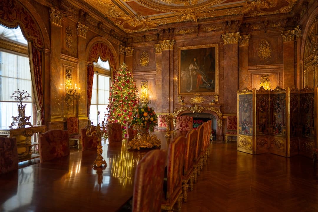 a large room with a christmas tree
